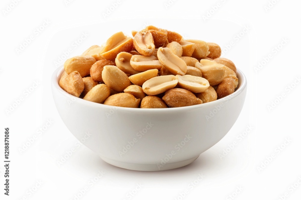 Garlic roasted peanuts in white bowl isolated on white background with clapping path Garlic roasted peanuts in white bowl isolated on white background with clapping path