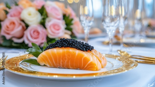 a luxurious meal with sturgeon fish, paired with black and red caviar, on a grand dining table photo