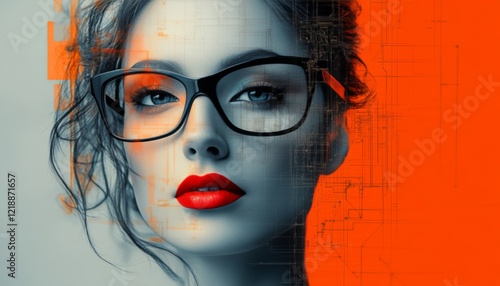 Stylish woman in glasses with red lipstick against an orange tech inspired blueprint background