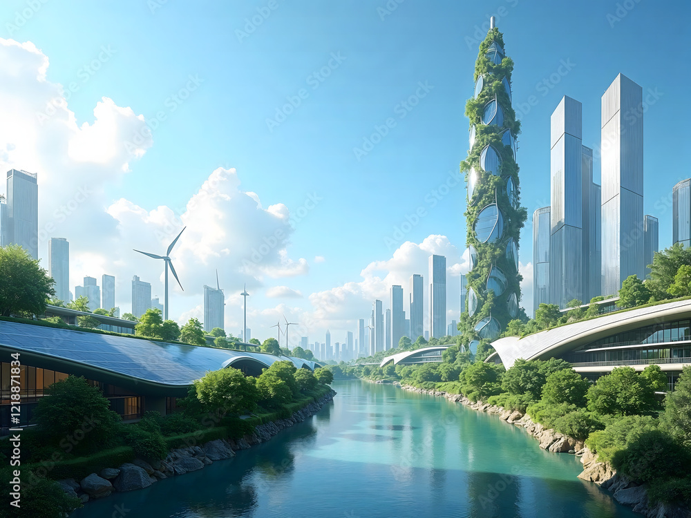 Fototapeta premium Green city featuring ecofriendly buildings, wind turbines, and waterway. Suitable for environmental themes, sustainable development projects, and clean energy concepts.