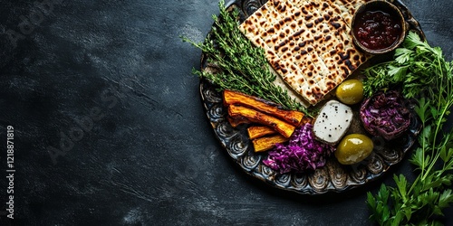 A Vibrant Platter of Fresh Vegetables and Flatbread: A Feast for the Senses   photo