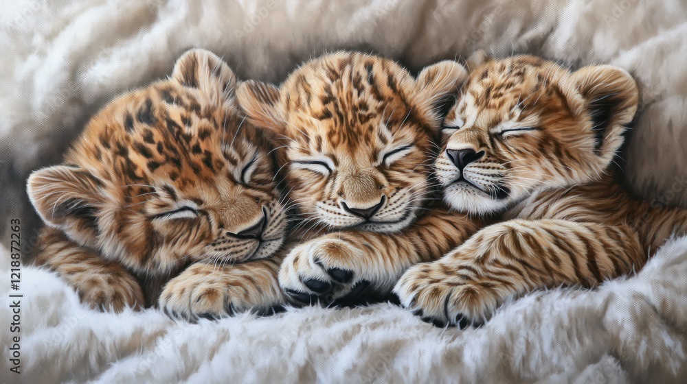 Obraz premium Three Sleeping Leopard Cubs: A Peaceful, Realistic Painting
