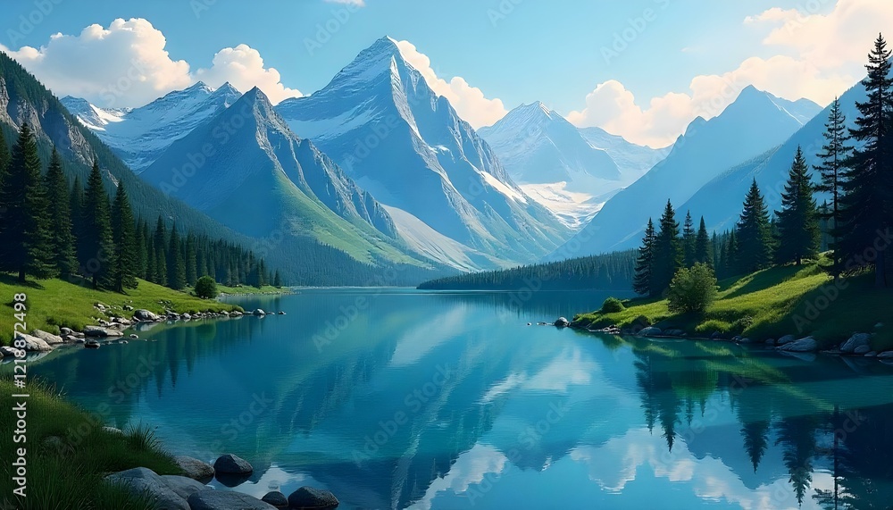 Tranquil alpine lake with reflection of towering mountains Tranquil alpine lake with reflection of towering mountains