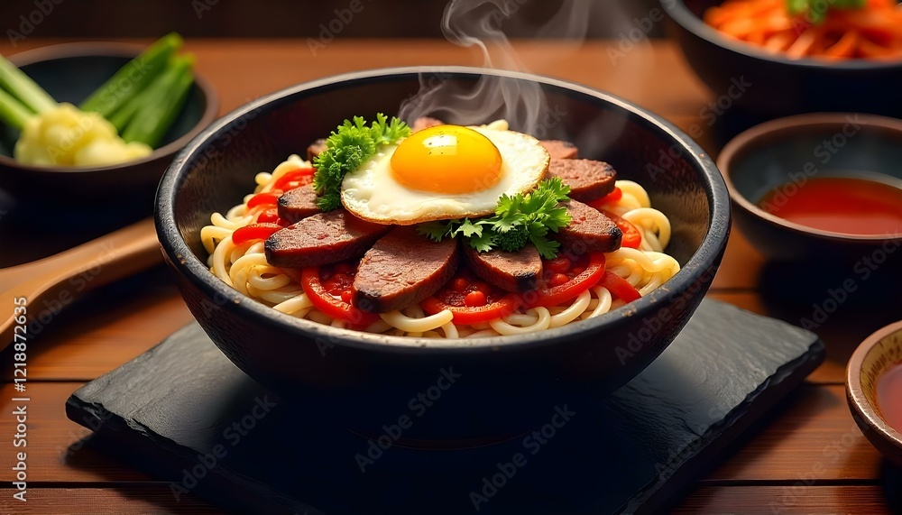 A colorful dolsot bibimbap served in a hot stone bowl with crispy rice and mixed vegetables A colorful dolsot bibimbap served in a hot stone bowl with crispy rice and mixed vegetables