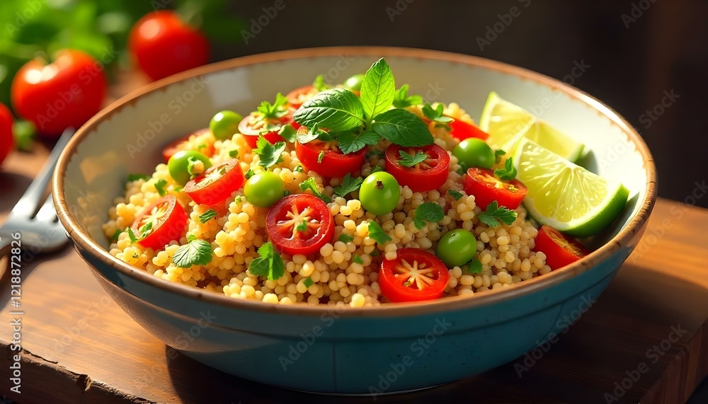 A festive family style presentation of Peruvian quinoa salad with bright veggies on a large platter A festive family style presentation of Peruvian quinoa salad with bright veggies on a large platter