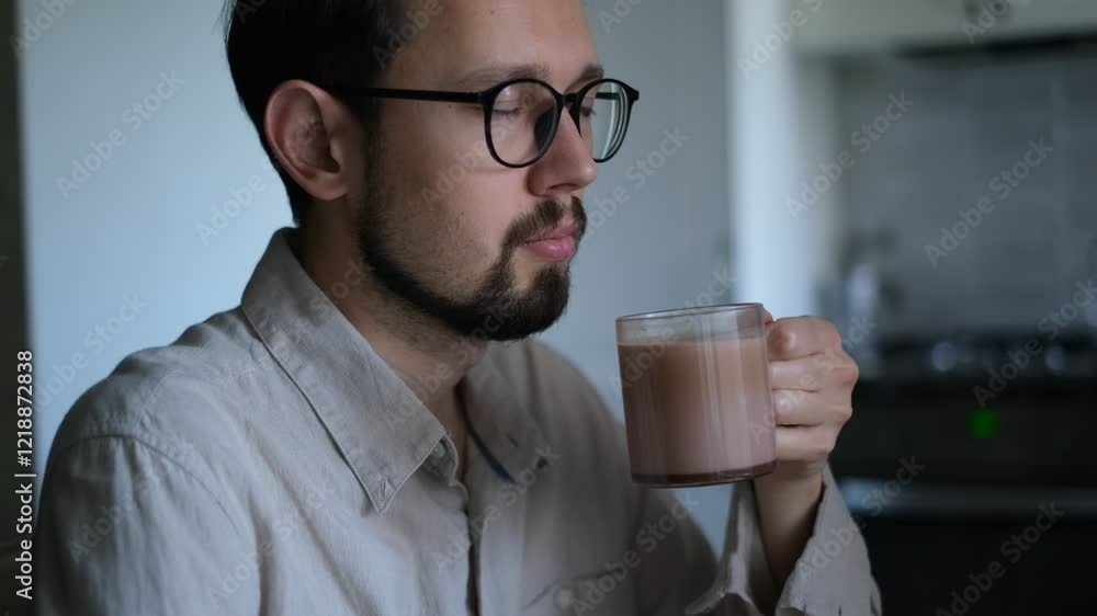 portrait of a young man drinking cocoa at home and looking out the window portrait of a young man drinking cocoa at home and looking out the window