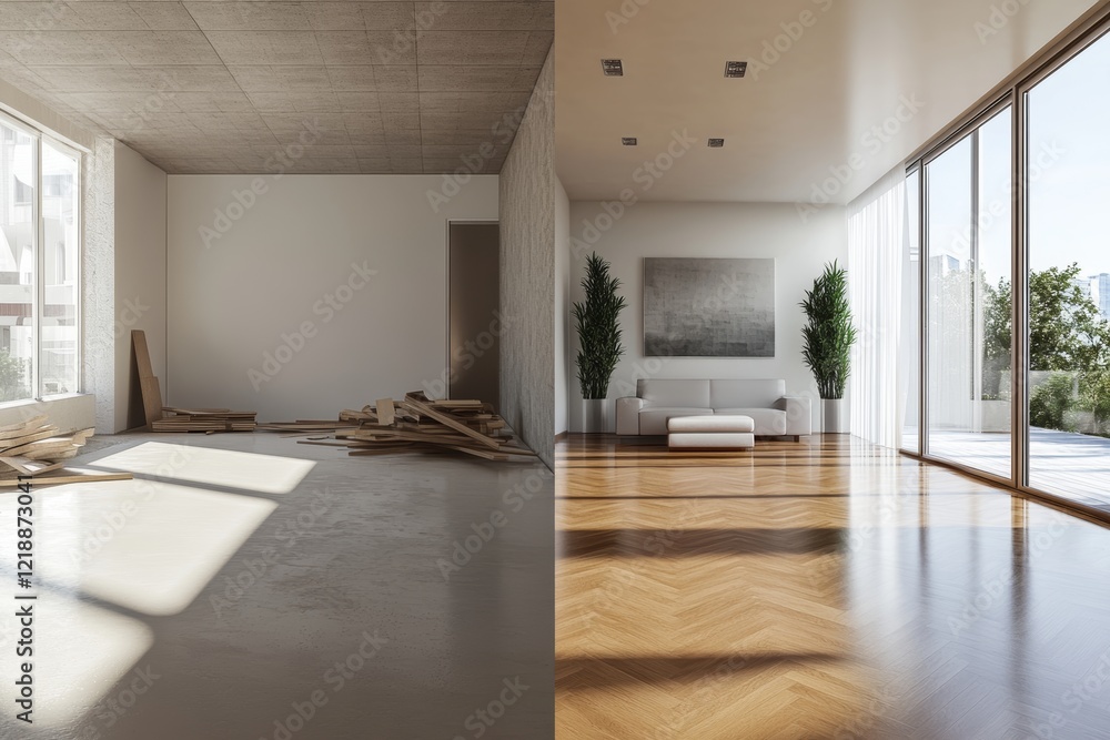 Fototapeta premium Stunning before and after renovation from raw construction materials to a polished modern interior