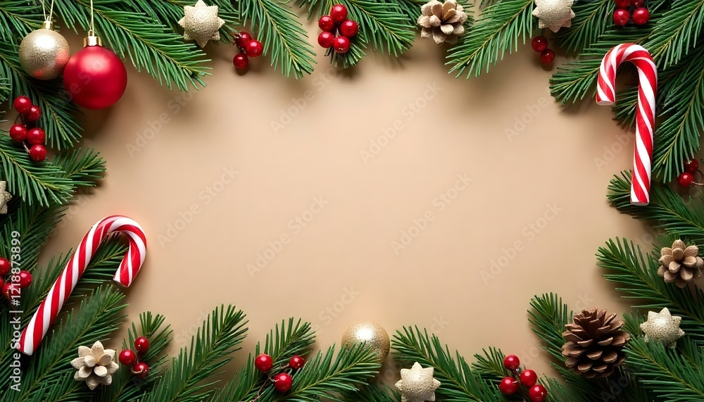 Festive border of pine sprigs candy canes on a bright white backdrop for holiday themed projects Festive border of pine sprigs candy canes on a bright white backdrop for holiday themed projects