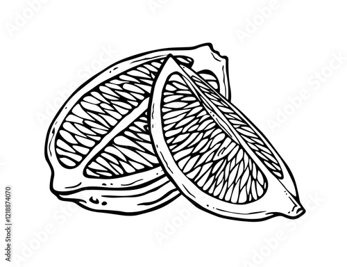 Citrus. Outline slices of lemon or lime isolated on white background. Black and white cut citron. Composition with half and quarter of citrus fruit in etching style for kitchen textiles or dishes