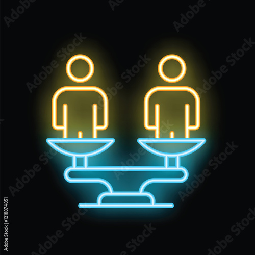 Glowing neon icon of two people standing on scales, symbolizing equality, balance, and fairness