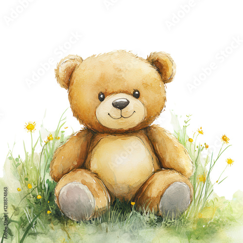 Cute teddy bear sitting in a field of flowers, perfect for children's themes., isolated on a transparent background.
