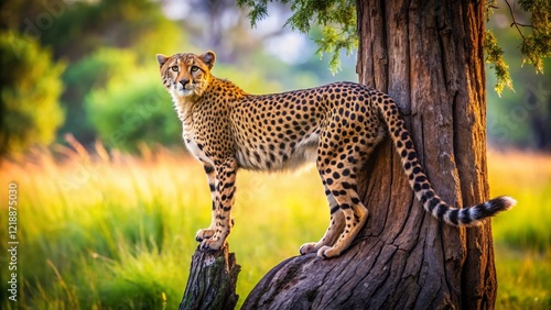 Cheetah Marking Territory, Peeing at Tree, Wildlife Photography, Copy Space photo