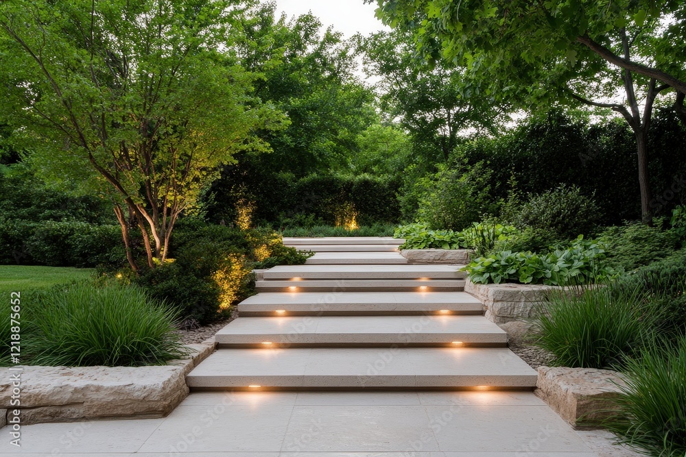 Illuminated Stone Steps Leading Through a Serene, Lush Garden Landscape at Dusk Illuminated Stone Steps Leading Through a Serene, Lush Garden Landscape at Dusk