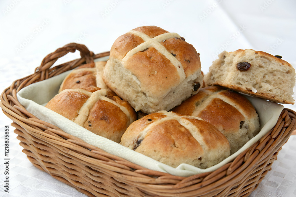 A basket filled with freshly baked hot cross buns, some with a slice cut out, showcasing their soft, golden-brown crust and cross on top. A basket filled with freshly baked hot cross buns, some with a slice cut out, showcasing their soft, golden-brown crust and cross on top.