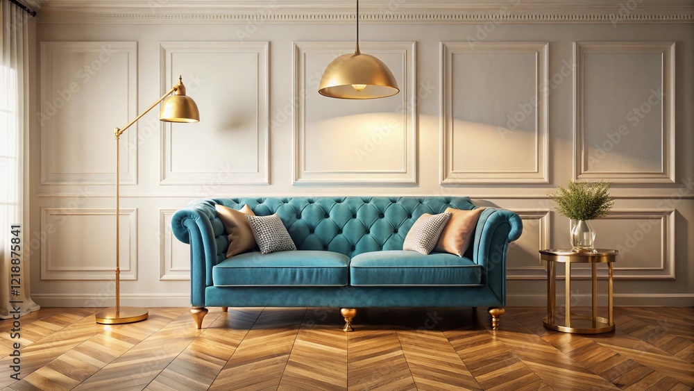 Fototapeta premium Chic Blue Pastel Sofa, Gold Lamp, Soft Light Interior 3D Render