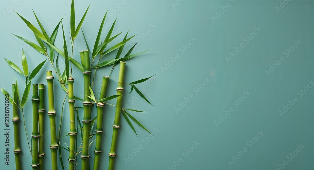 Fototapeta premium Bamboo leaves placed neatly on a plain soft teal background