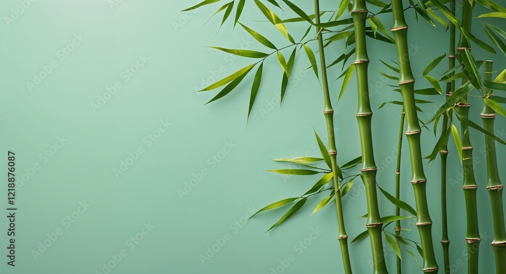 Fototapeta premium Bamboo leaves forming elegant curves on a plain mint background