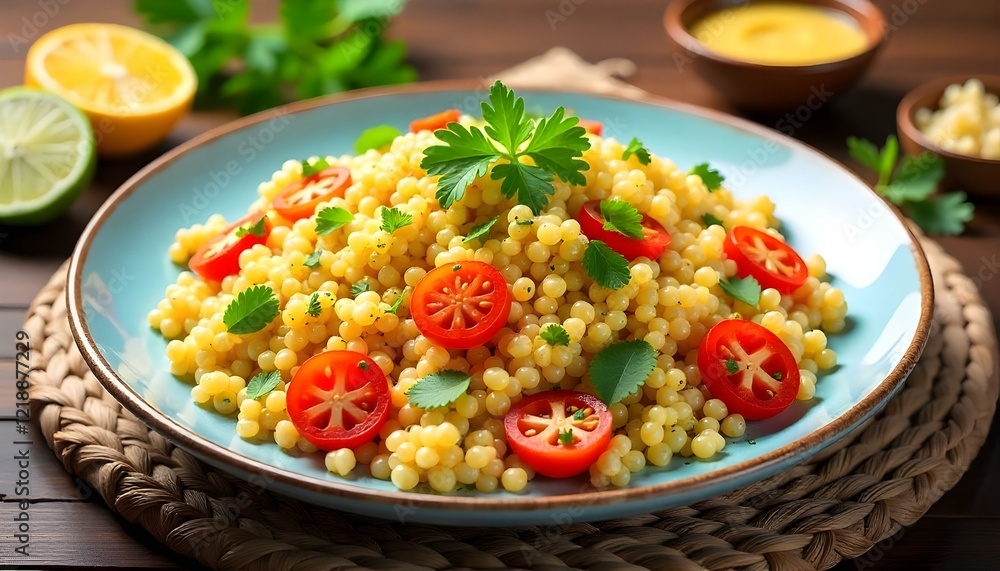 A festive family style presentation of Peruvian quinoa salad on a large platter with veggies A festive family style presentation of Peruvian quinoa salad on a large platter with veggies
