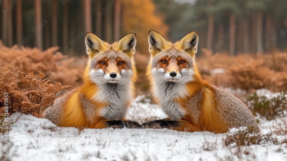 Fototapeta premium Twin foxes winter forest snow wildlife