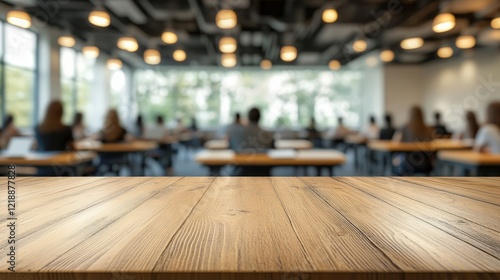 Wallpaper Mural Wooden Table Top in Blurred Background of Modern Conference Room with People Seated at Desks and Natural Light Streaming In Torontodigital.ca