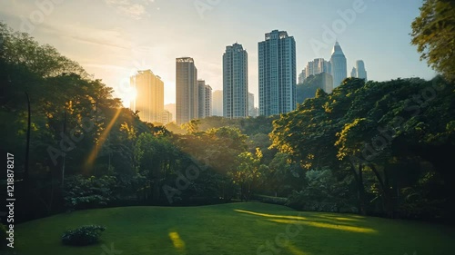 City skyline at sunrise with vibrant greenery in foreground highlighting urban nature harmony