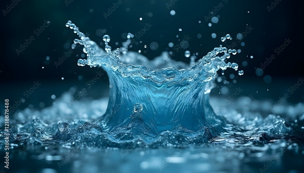 A dynamic splash of blue water arching into a crown shape with sparkling droplets A dynamic splash of blue water arching into a crown shape with sparkling droplets