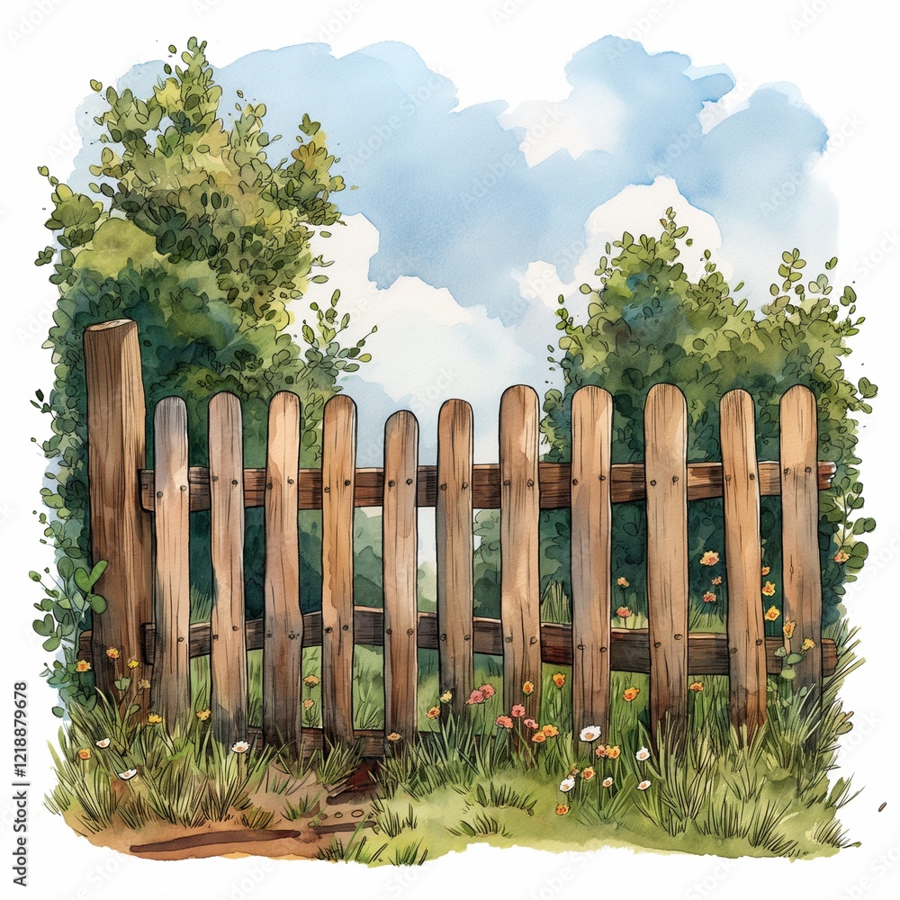 Obraz premium Rustic wooden fence on a background of trees, watercolor illustration, rustic style.