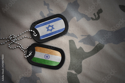 vintage army blank, dog tag with flag of israel and india on the khaki texture background. military concept.
