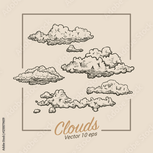 Clouds, cumulus clouds illustration in the style of medieval engraving