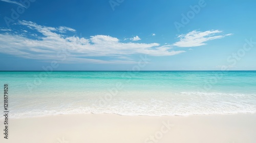 Wallpaper Mural Serene Beachscape Tranquil turquoise waters gently lapping on pristine white sand under a vibrant blue sky dotted with fluffy white clouds, evoking a sense of peace and summer bliss. Torontodigital.ca