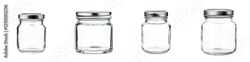 Grocery Items isolated collection. Four clear glass jars of varying sizes, positioned side by side, showcasing transparent design and metal lids. photo