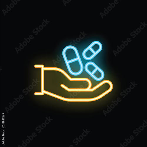 Neon icon of a hand catching falling blue and yellow pills on a black background