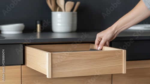 Stylish Kitchen Design Featuring Modern Oak Drawer, Innovative Storage Solution, and Sleek Dark Countertops photo