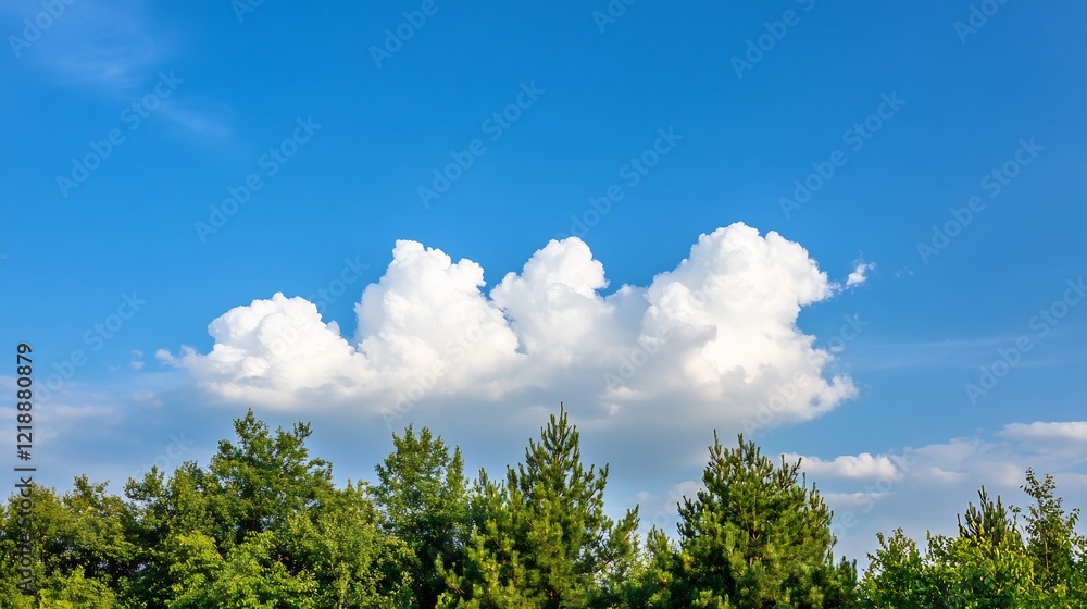 Fluffy clouds over pine trees, sunny day, nature background, ideal for websites Fluffy clouds over pine trees, sunny day, nature background, ideal for websites