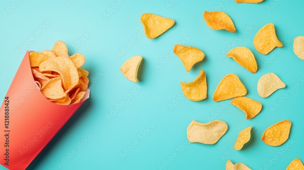 Vibrant Image of Crispy Potato Chips Spilled from a Red Container on a Turquoise Background, Showcasing Snack Food Production Vibrant Image of Crispy Potato Chips Spilled from a Red Container on a Turquoise Background, Showcasing Snack Food Production