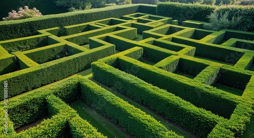 Intricate garden maze crafted from tall well maintained green hedges