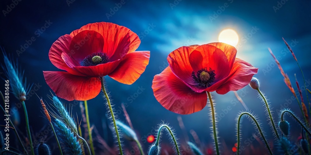 Obraz premium Close-up Red Poppy Flowers Night Photography AI Art