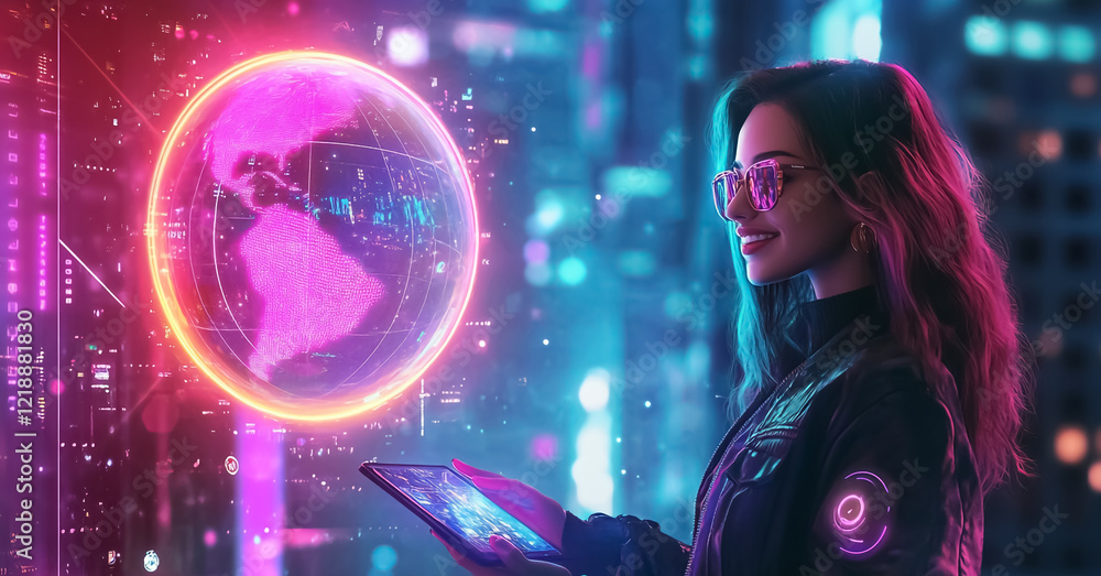 A futuristic, digital-art-style image of a young woman standing in front of a glowing globe hologram. International Women's Day concept
A futuristic, digital-art-style image of a young woman standing in front of a glowing globe hologram. International Women's Day concept