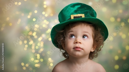 st patrick day,Cute Baby Wearing Green Shamrock Clover Hat, Happy Child in St. Patrick’s Costume.Colorful confetti surrounds her, celebrating a lively moment.Irish traditional spring holiday.