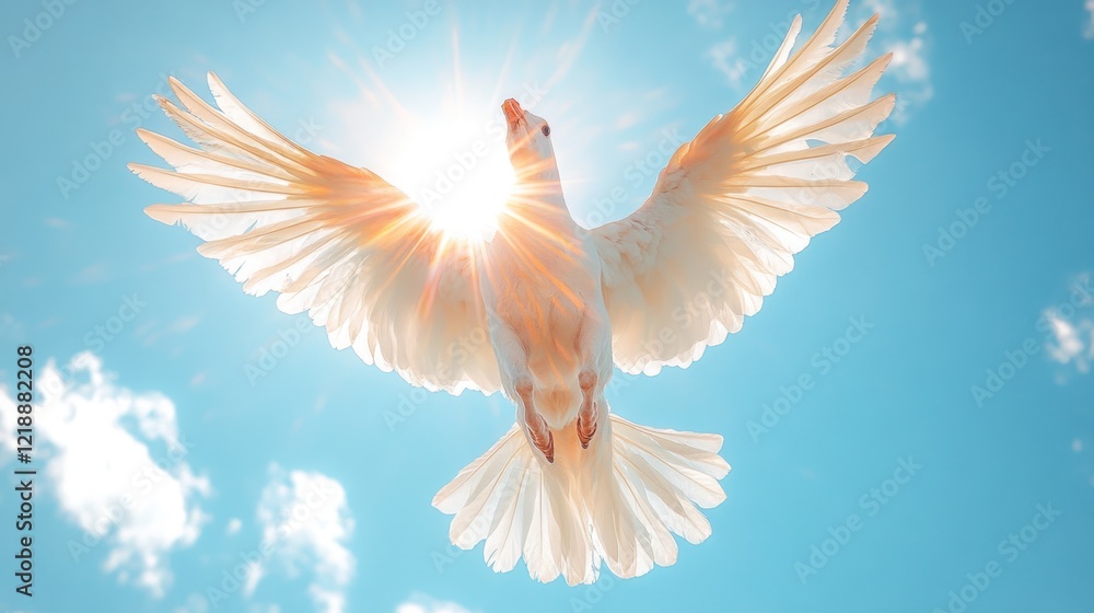 Fototapeta premium White Dove Soaring Sunlit Sky Peace Hope