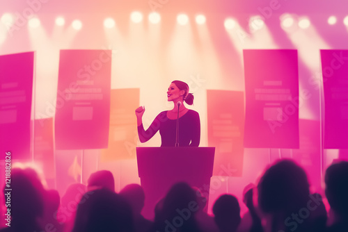 
A realistic image of a confident woman delivering a speech to a large, diverse audience.International Women's Day concept