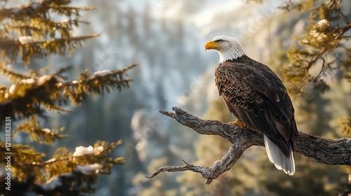 American Majestic Bald Eagle siting on branch