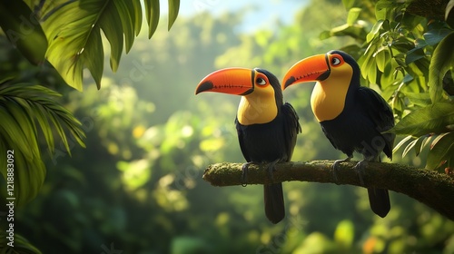 Couple Two toucan bird sitting on a branch of tree