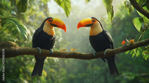 Couple Two toucan bird sitting on a branch of tree