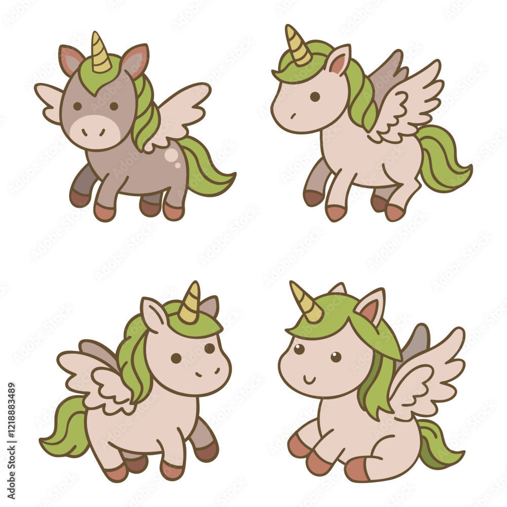 Fototapeta premium Cute Winged Unicorns, Vector Illustration 