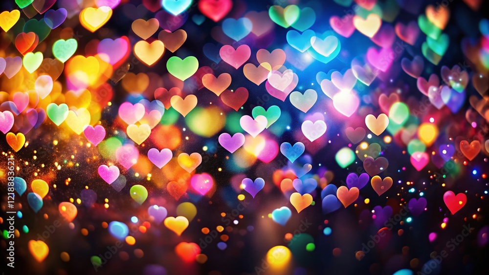 Naklejka premium Colorful Bokeh Hearts Dark Background Graphic Design