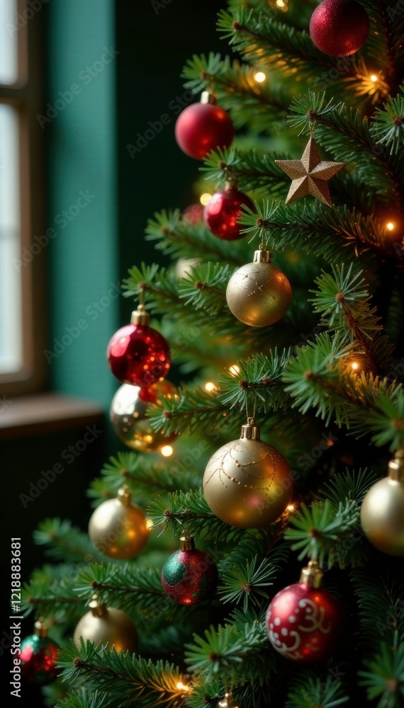 Green Christmas tree with ornaments and fairy lights, decorative elements, festive atmosphere Green Christmas tree with ornaments and fairy lights, decorative elements, festive atmosphere
