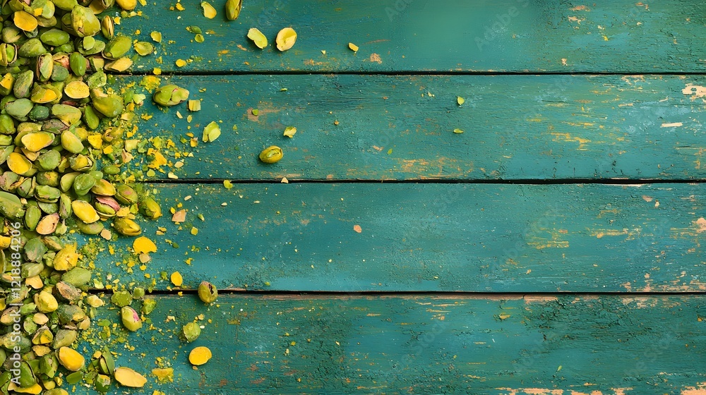 Fototapeta premium Pistachios on Rustic Teal Wooden Surface with Cracked Paint