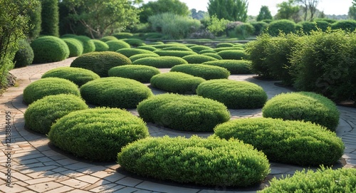 Oval shaped bushes strategically placed for soft lines in outdoor layouts