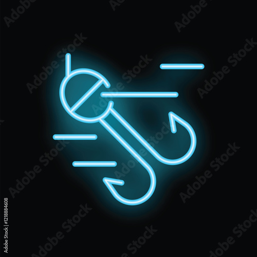 Neon fishing hook with bobber and line icon glowing on black background